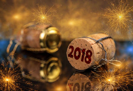 2018 New Year concept, Champagne cork with metal wireの写真素材