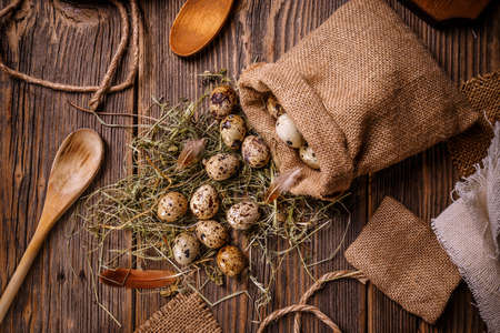 Quail eggs pour out of a burlap sack on dark old wooden backgroundの写真素材