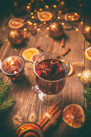 Christmas composition with mulled wine on Christmas backgroundの写真素材