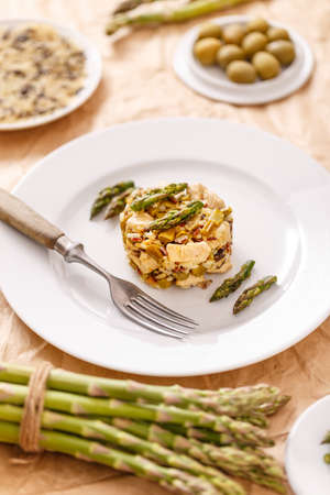 Fine dining risotto with asparagus and chicken breastの写真素材