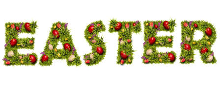 Easter word made of red eggs and other Easter items isolated on white background