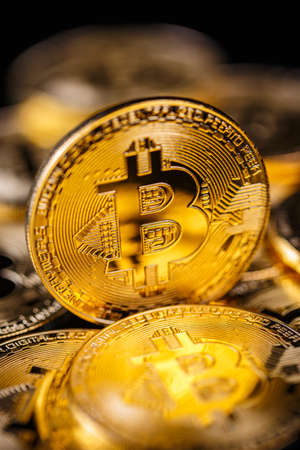 Many gold bitcoins staying on reflective surface with a single bitcoin in sharp focus の写真素材