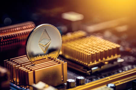 Ethereum crypto currency on a computer motherboard