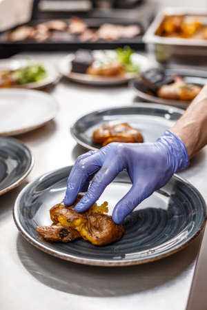 Restaurant kitchen life concept with chef preparing a meal serving food onto platesの写真素材