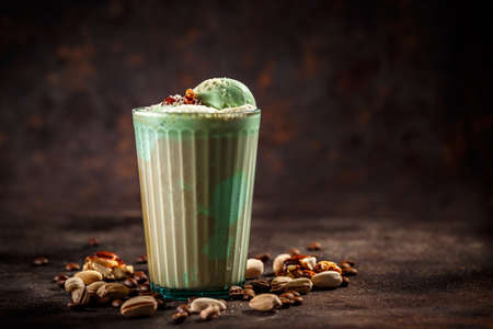 Affogato with pistachio ice cream and coffeeの写真素材