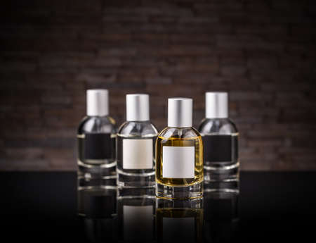 Perfume in a glass bottle on clipping path black tableの写真素材