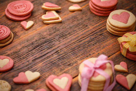 Heart shaped cookies for Valentine's or Wedding Day with pink ribbonの写真素材