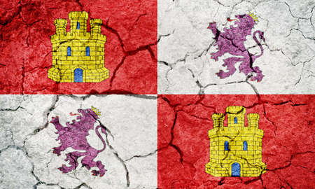 Castile and Leon flag, autonomous community in north-western Spain, on dry earth ground texture backgroundの写真素材