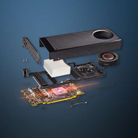 Explode view of new reference modern gaming graphics card on blue backgroundの写真素材