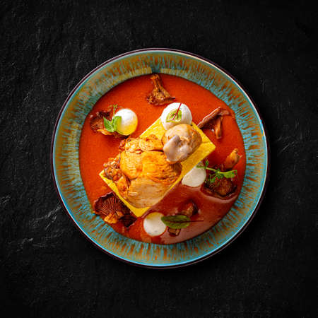 Chicken paprikash with chanterelle,  spiced polenta with sheep's cottage cheese and sour cream texturesの写真素材