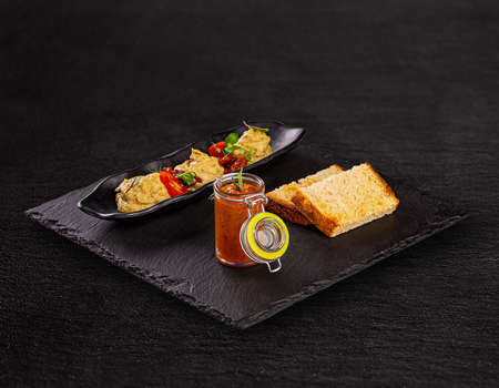 Transylvanian vegetable spread named zacusca and eggplant cream with truffleの写真素材