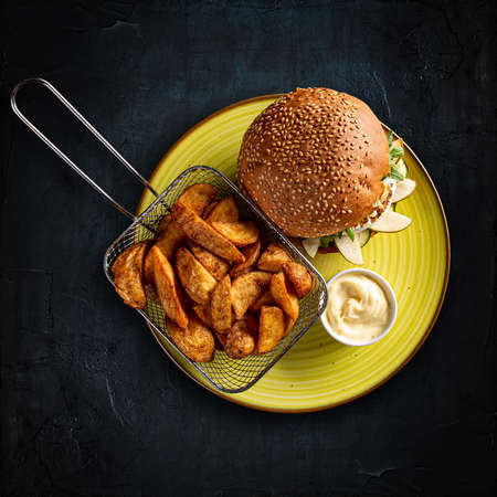 Vegetarian burger and golden potatoes with garlic sauce on dark backgroundの写真素材