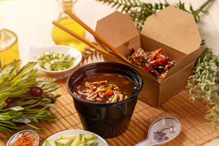 Delivery image, Chinese food in boxes, soup and main courseの写真素材