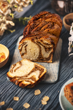 Twisted babka with walnuts. Bakery and confectionery productsの写真素材