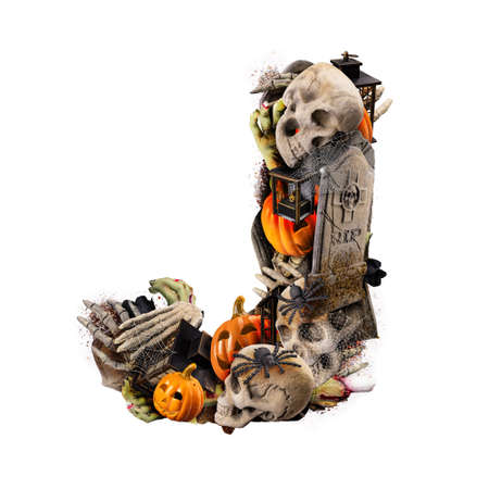 Letter J made of variety Halloween objects isolated on white backgroundの写真素材