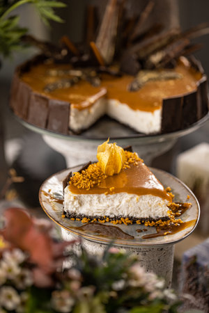 Slice of cheesecake with salted caramel sauce toppingの写真素材