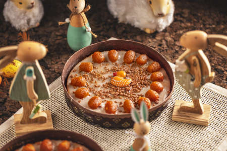 Easter carrot cake decorated with mini caramelized carrots