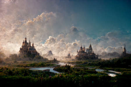 Magical fantasy castles, digital illustration, fairy tale AI generated artの素材
