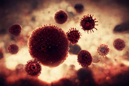 Coronavirus COVID-19 microscopic virus digital illustration. Microscopic view of virus. Virus background.の素材