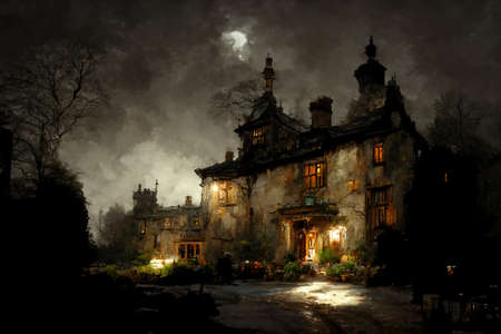 Gothic scenery with old manor and creepy background. 3D illustration. AI generated artの素材