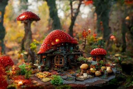 Illustration of a fairy-tale house with a roof in the form of a mushroom. AI generated imageの素材