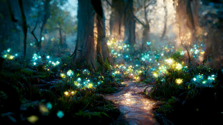 Mystic magic forest, painting style ai generated art background, illustrationの素材
