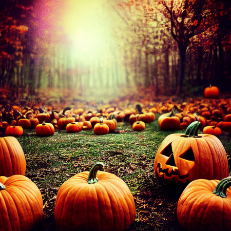 Festive pumpkin in the October forest. AI generated art illustrationの素材