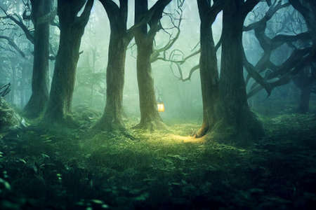 Mysterious spring forest. AI generated art illustrationの素材