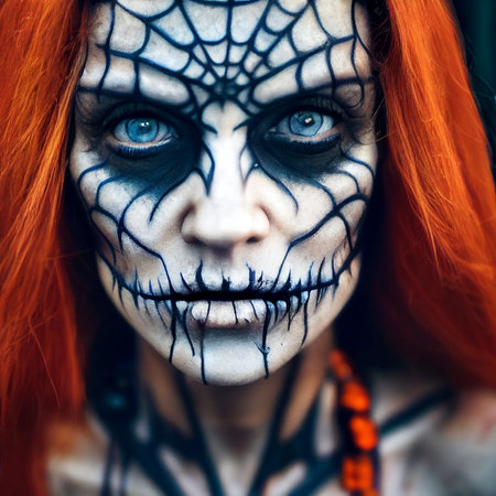 Face of woman with Halloween skull makeup. AI generated art illustration. 3d renderingの素材