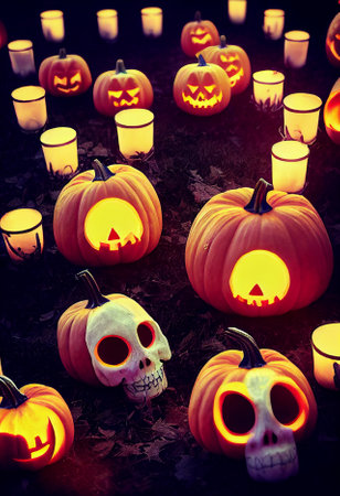 Orange Halloween scarry pumpkins. AI generated art illustration. 3d renderingの素材