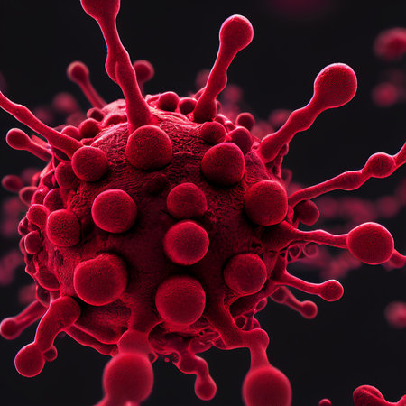 Coronavirus COVID-19 microscopic virus 3d illustration. AI generated computer graphics. 3D rendering.の素材
