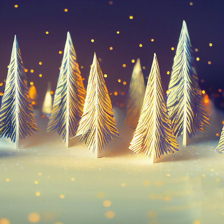 Christmas background with paper cut style fir-tree and glowing lights. AI generated computer graphics. 3D rendering.の素材