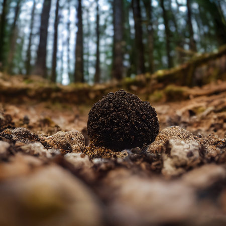 Expensive black truffles gourmet mushroom in the forest. AI generated computer graphics. 3D rendering.の素材