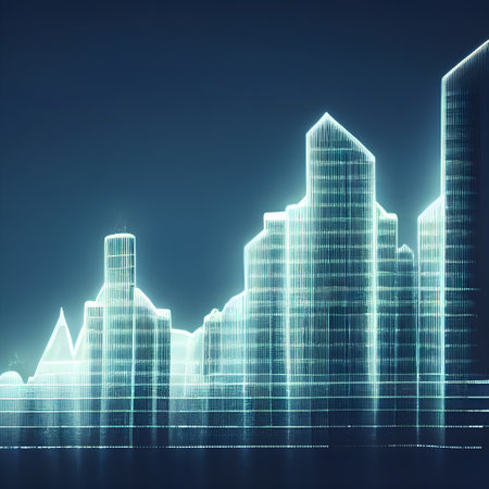 Abstract virtual graphic sketch with skyscrapers and diagram. 3D rendering.の素材