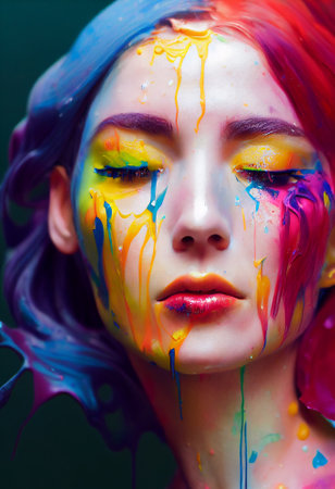 Fashion art portrait of beautiful woman with flowing liquid paint. 3D rendering.の素材