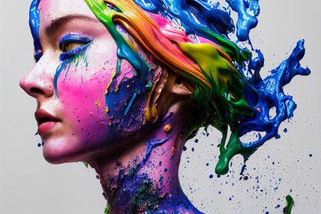 Scene with a fictional woman covered in all colors of paint. AI generated computer graphics. 3D rendering.の素材