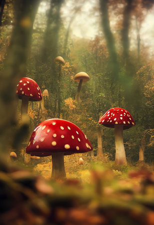 Fly agaric mushrooms in the forest, 3D illustration designの素材
