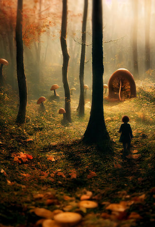 Little creature walking in the autumn forest, 3D illustrationの素材