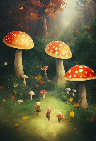 Fantasy image with mushroom and goblins in the fairy forest, 3D illustrationの素材