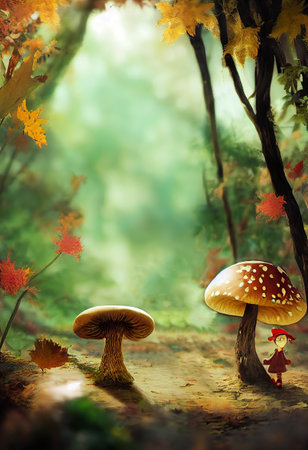 Fantasy forest with mushrooms and goblin, cartoon scenery, 3D illustrationの素材