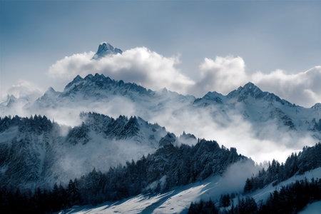 Mountains in clouds. Beautiful 3D illustration landscape with high rocksの素材