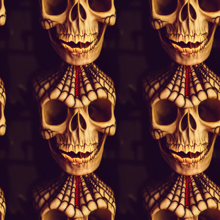 Gold skulls seamless 3D illustration. Scary Halloween pattern.の素材
