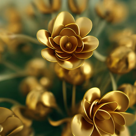 3D illustration of branches of golden arabesque style blossoms. Golden flowersの素材