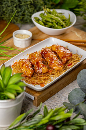 Chinese food set, sweet honey chicken with noodlesの写真素材