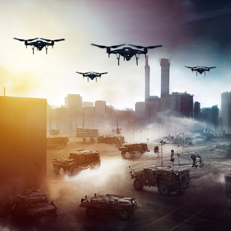 Military tactical drones, war conflict area, 3D illustrationの素材