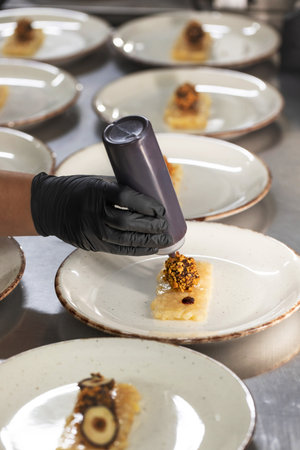 Process of decoration starter by culinary specialist in restaurant.