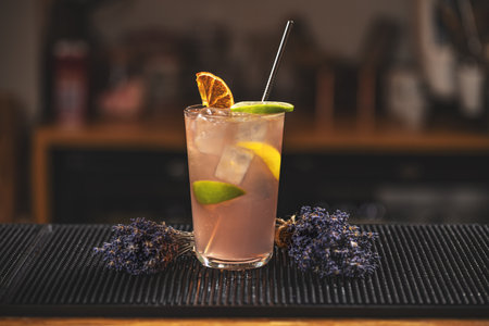Lavender lemonade, natural refreshing drink on bar counterの写真素材