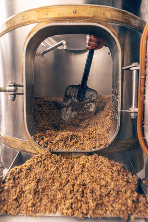 Mashing of milled malt grains for preparing malt. Process of brewing grain of barley.の写真素材