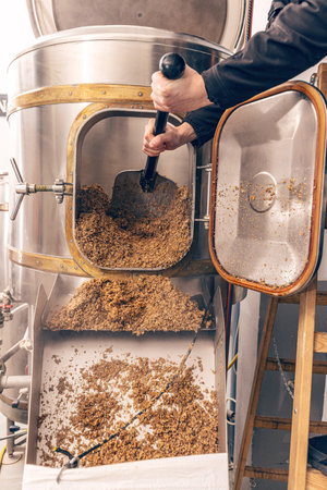 Mashing of milled malt grains for preparing malt. Process of brewing grain of barley.の写真素材