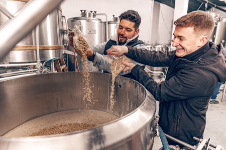 Brewmasters pours malted grain into a barrel for brewing beerの写真素材